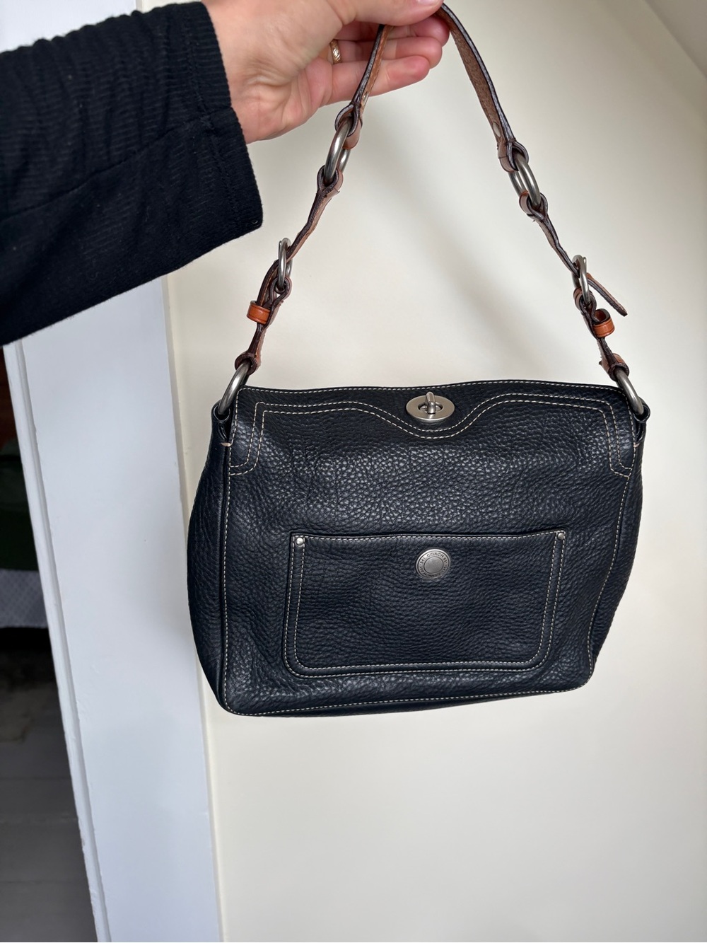 Coach Black Pebbled Leather Crossbody Bag with Brown Chain-Detail Strap